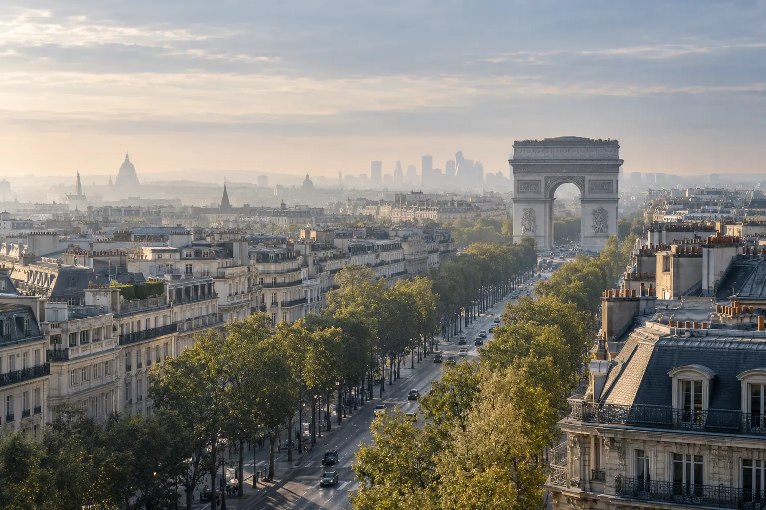 Illustrative interpretation of the Champs-Élysées and Arc de Triomphe at dawn